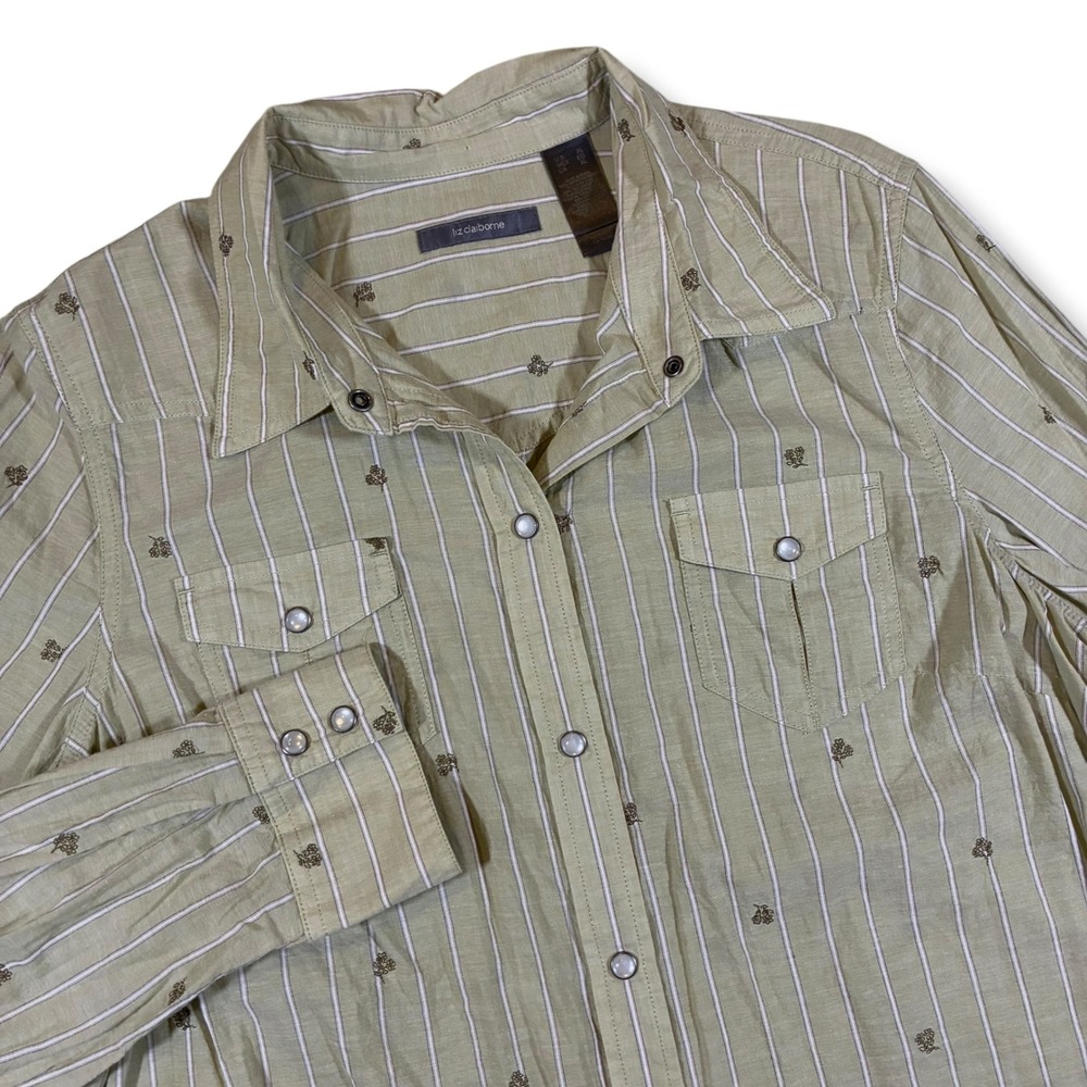 Liz Claiborne Western Tan Striped Floral Long Sleeve Snap Front Shirt Women's XL